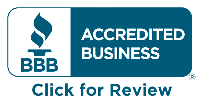 BBB Accredited Business logo with a click for review link