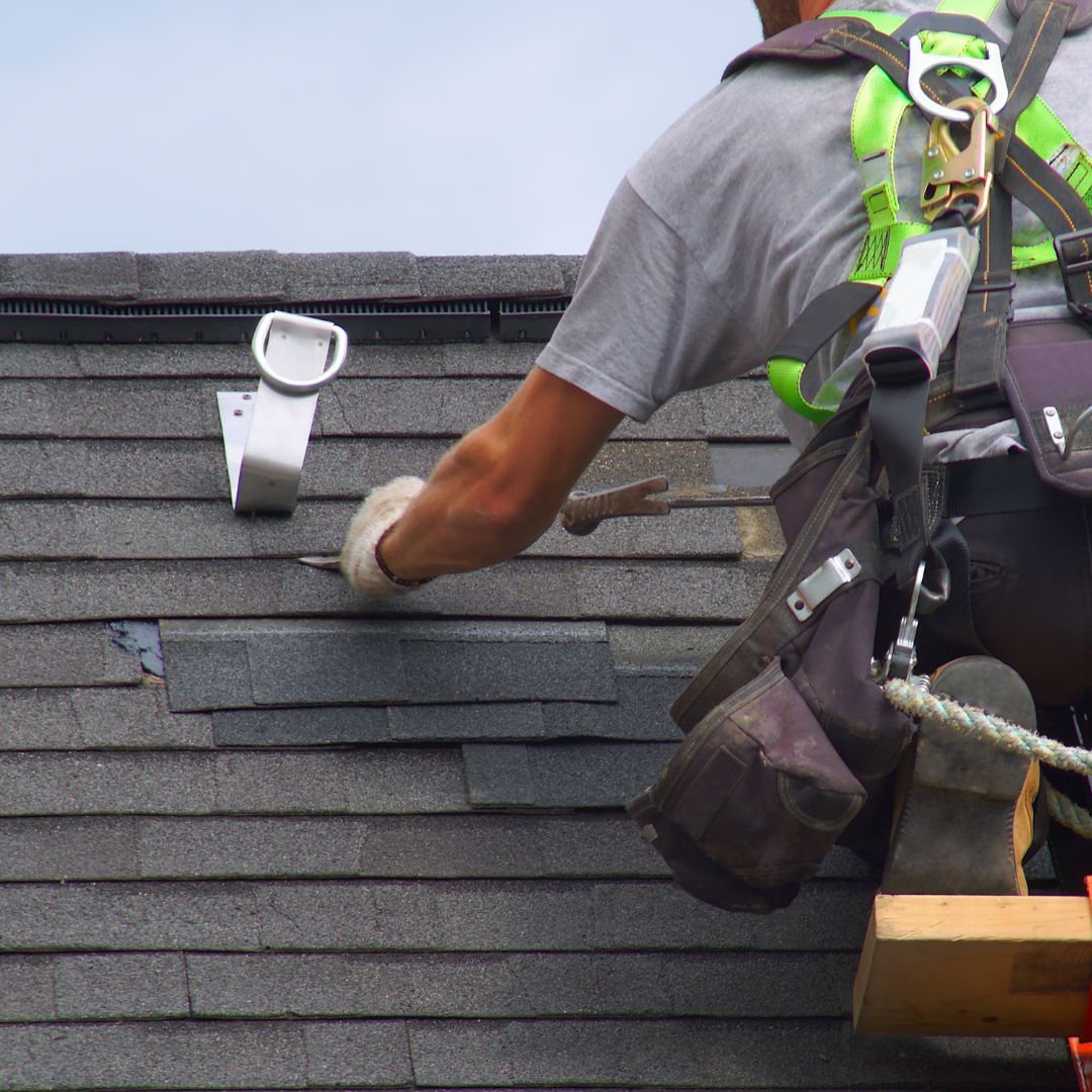 Roofing contractor in harness, removing and replacing shingles for roofing warranties